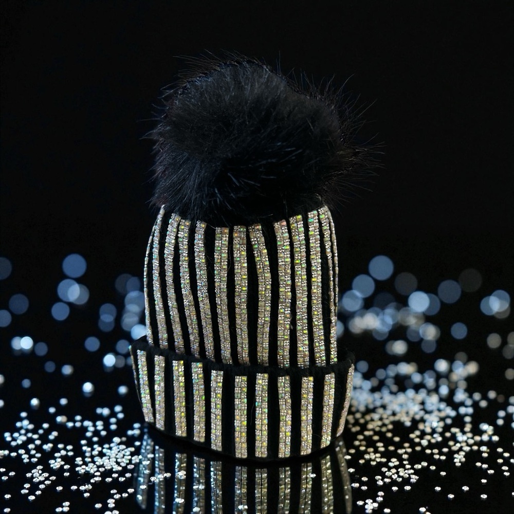 Black and Silver Striped Pom Pom Beanie